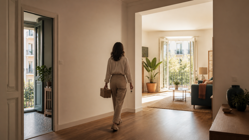 Persona trasladándose de una vivienda a otra para coordinar la venta y la compra de su nuevo hogar